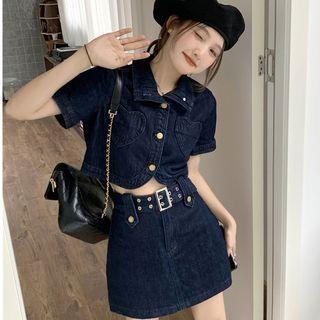 Short-sleeve Denim Cropped Blouse / Mini A-line Skirt