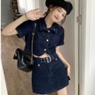 Short-sleeve Denim Cropped Blouse / Mini A-line Skirt
