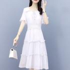 Short-sleeve Tie-front Frill Trim Midi A-line Dress