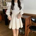 Ruffle Trim Shirred Mini A-line Dress Beige - One Size