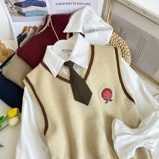 Set: Bell-sleeve Loose Shirt + Patched Knit Vest