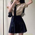 Short-sleeve Shirt With Necktie / Mini A-line Skirt / Set