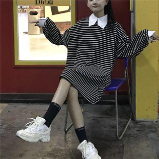 Striped Long-sleeve Collared T-shirt Dress
