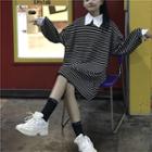 Striped Long-sleeve Collared T-shirt Dress