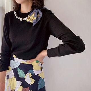 Faux-pearl Scarf-detail Knit Top