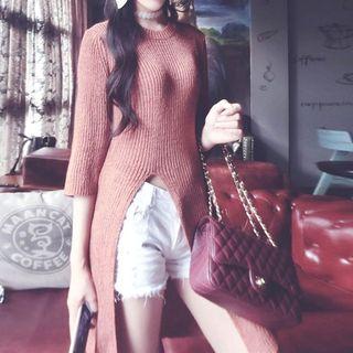 Side-slit Elbow-sleeve Knit Top As Shown In Figure - One Size