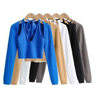 Long-sleeve Crop Top + Halter-neck Camisole Top