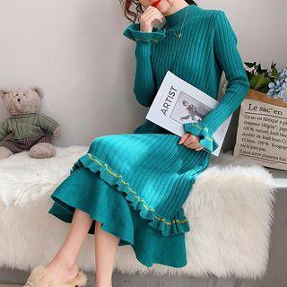 Mock Turtleneck Bell-sleeve Midi Knit Dress