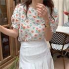 Puff-sleeve Floral Print Blouse / Pleated Midi A-line Skirt