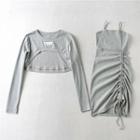 Set: Long-sleeve Shrug + Spaghetti-strap Drawstring Mini Sheath Dress