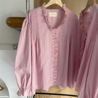 Long-sleeve Plain Ruffle Trim Blouse Light Purple - One Size