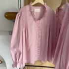 Long-sleeve Plain Ruffle Trim Blouse Light Purple - One Size