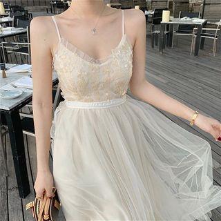 Spaghetti Strap Sequined Mesh Panel Midi A-line Dress