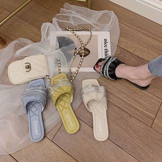 Rhinestone Ruffle Strap Flat Slide Sandals