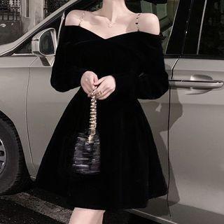 Long-sleeve Cold Shoulder Chain Strap Mini A-line Dress