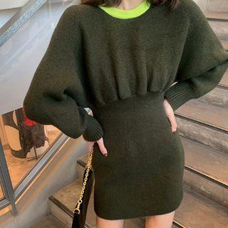 Long-sleeve Contrast Trim Mini Knit A-line Dress Green - One Size