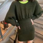 Long-sleeve Contrast Trim Mini Knit A-line Dress Green - One Size