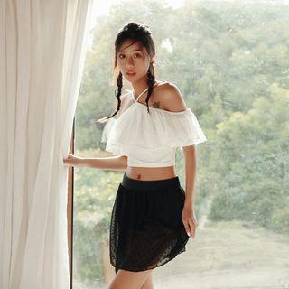 Set: Short-sleeve Cold Shoulder Swim Top + Swim Shorts + Cover Up Skirt