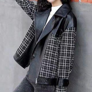 Plaid Panel Zip-up Biker Jacket