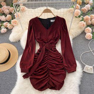 V-neck Ruched Lace-up Strap Long-sleeve Dress