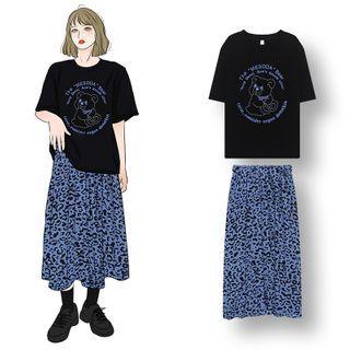 Short-sleeve Cartoon Print T-shirt / Leopard Print A-line Midi Skirt