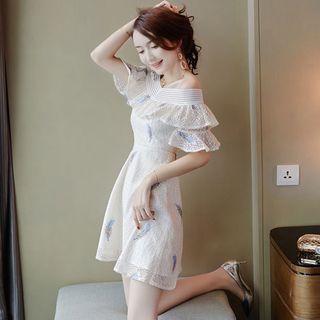 Elbow-sleeve Cold Shoulder A-line Mini Party Dress