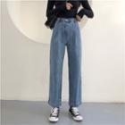 Long-sleeve Turtleneck Top / Washed Straight Leg Jeans / Set