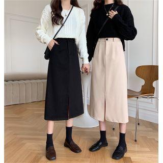 High-waist Plain Slit Midi Skirt