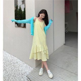 V-neck Floral A-line Dress Yellow - One Size