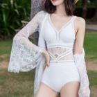Set: Sleeveless Cutout-back Swimsuit + Lace Cover-up Jacket