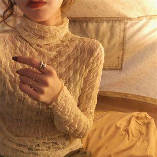 Mock-turtleneck Long-sleeve Mesh Top Almond - One Size