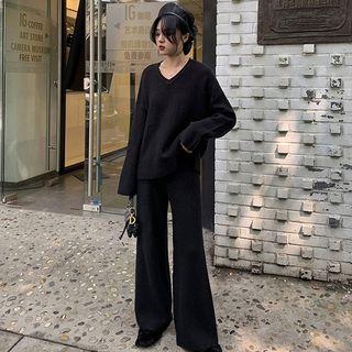 Set: V-neck Long-sleeve Knit Top + High-waist Wide-leg Pants