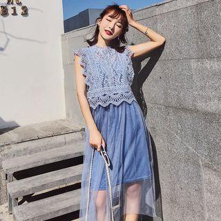 Set: Lace Tank Top + Mesh Spaghetti Strap Dress