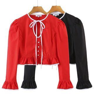 Long-sleeve Ruffled-trim Tie-strap Cropped Shirt