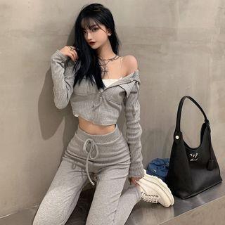 Plain Hooded Long-sleeve Sweatshirt / High Waist Plain Skinny Pants