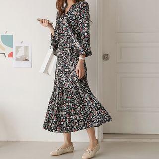 Tie-front Pattern Long Dress Navy Blue - One Size