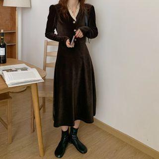 Long Sleeve Lace Trim Velvet Dress