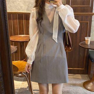 Tie-neck Blouse / Mini Jumper Dress / Set