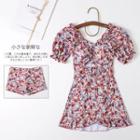 Set: Puff-sleeve Floral Print Swim Dress + Shorts
