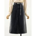 Puff-sleeve Lace Trim Blouse / Midi A-line Denim Skirt / Chain Belt / Set