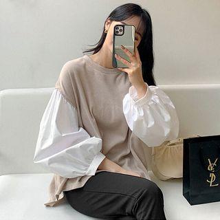 Contrast Balloon-sleeve Ribbed Top
