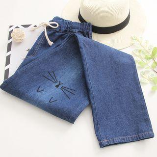 Cat Embroidered Drawstring Straight Cut Jeans