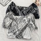 Patterned Puff-sleeve Cropped Blouse