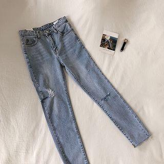 Distressed High-waist Frayed Denim Cropped Pants