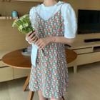 Short-sleeve Blouse / Spaghetti Strap Floral Print Mini A-line Dress
