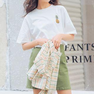 Elbow-sleeve Fruit Embroidery T-shirt