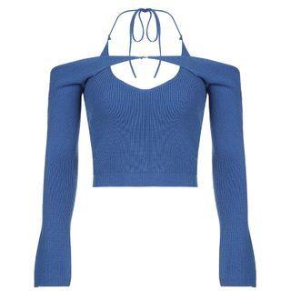 Set: Plain Long Sleeve Cropped Top + Halter-neck Top Blue - One Size