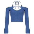 Set: Plain Long Sleeve Cropped Top + Halter-neck Top Blue - One Size