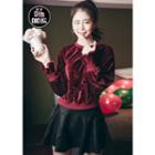 Crew-neck Frill-cuff Velvet Pullover