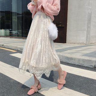 Velvet Lace Panel Midi Skirt